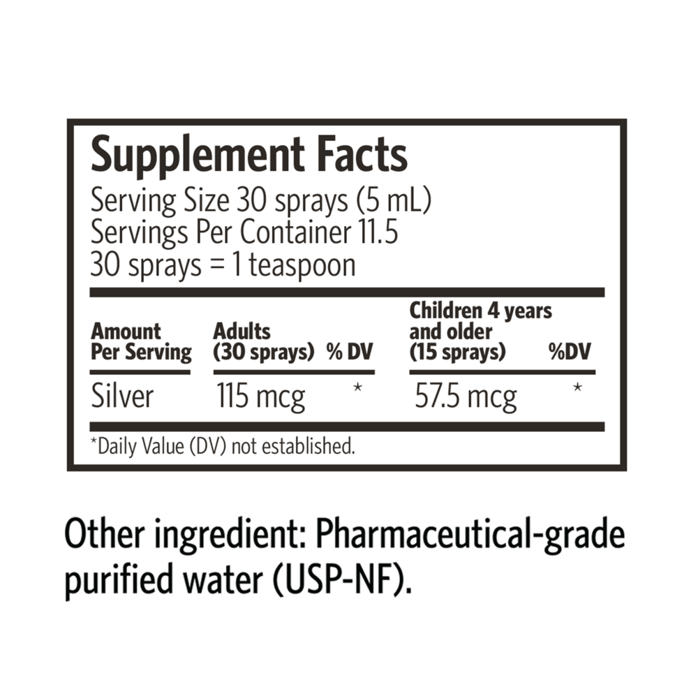 Bio-Active Silv Hydrosol Spray Supplement Facts Label