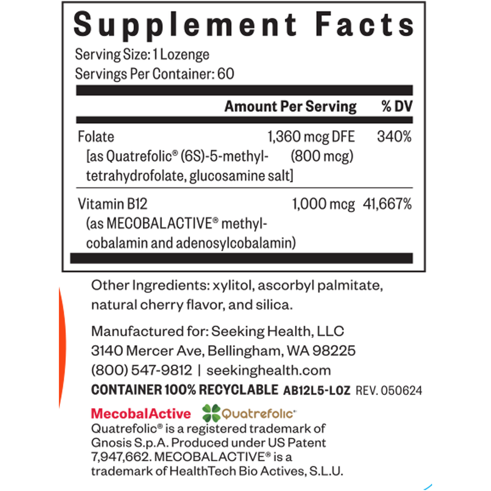 Methyl B12 with L-Methylfolate Supplement Facts Label