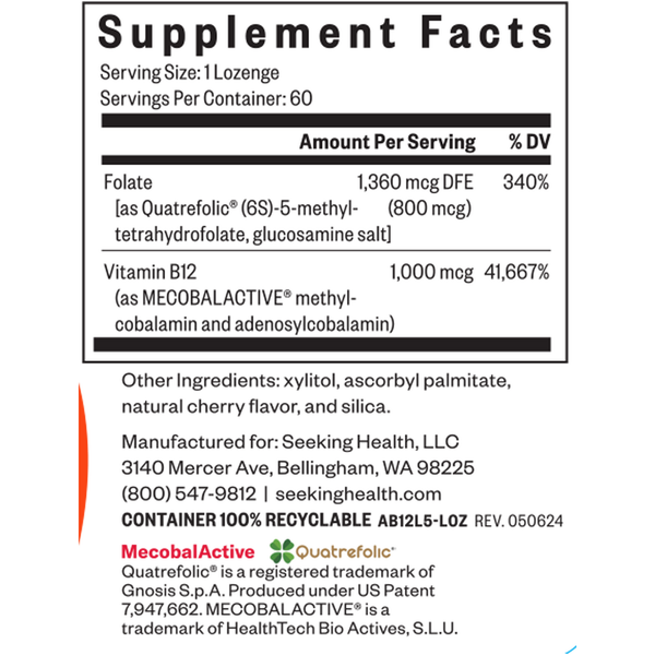 Methyl B12 with L-Methylfolate Supplement Facts Label