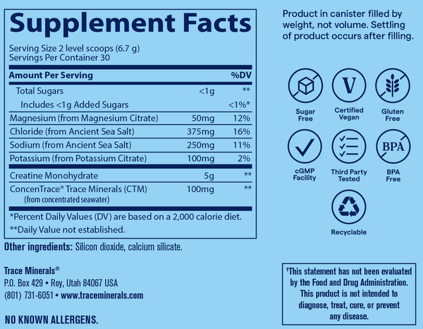 Hydro Pak Creatine + Electrolytes Unflavored Supplement Facts Label