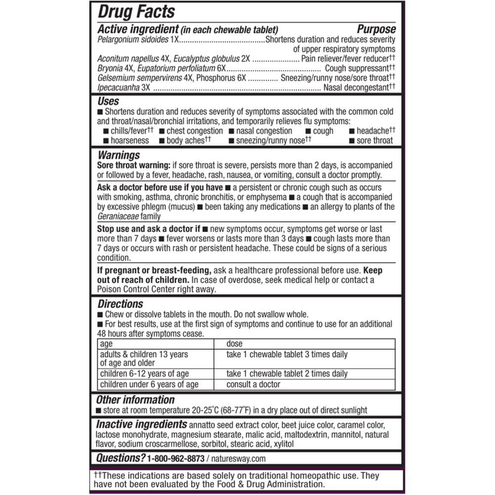 Umcka Cold & Flu Berry Chewable 20 chew tabs Supplement Facts Label