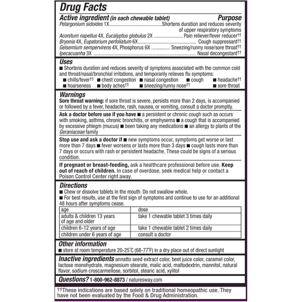 Umcka Cold & Flu Berry Chewable 20 chew tabs Supplement Facts Label