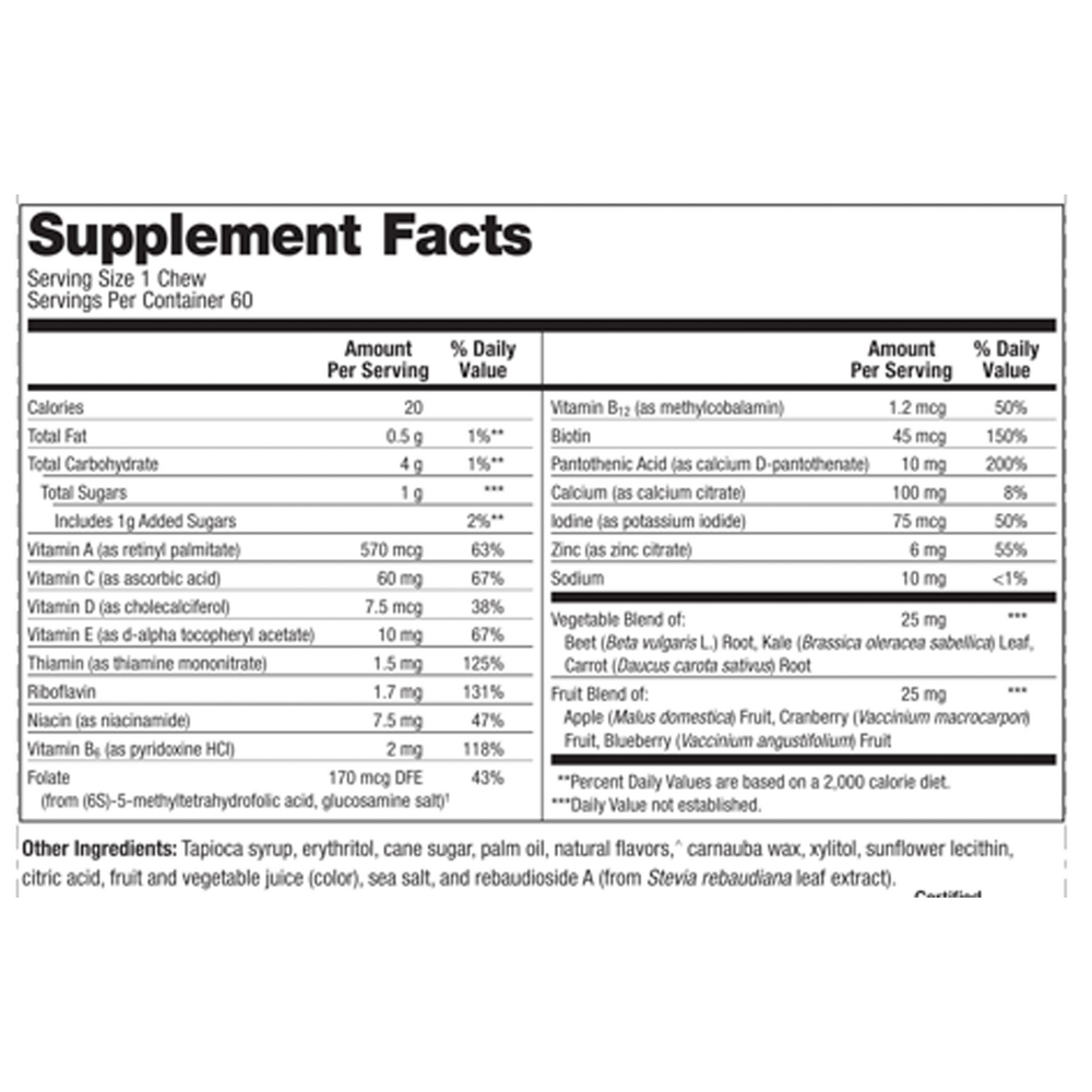 MetaKids Multi Soft Chew Grape Supplement Facts Label