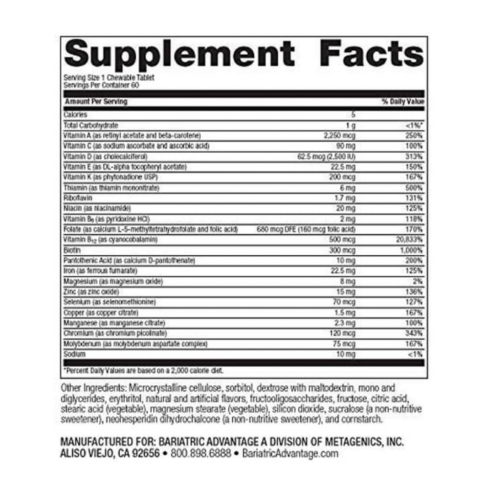 Chewable High ADEK with Iron Tropical Fruit Supplement Facts Label