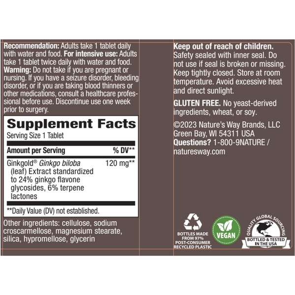 Ginkgold Max 120 mg 60 tabs Supplement Facts Label