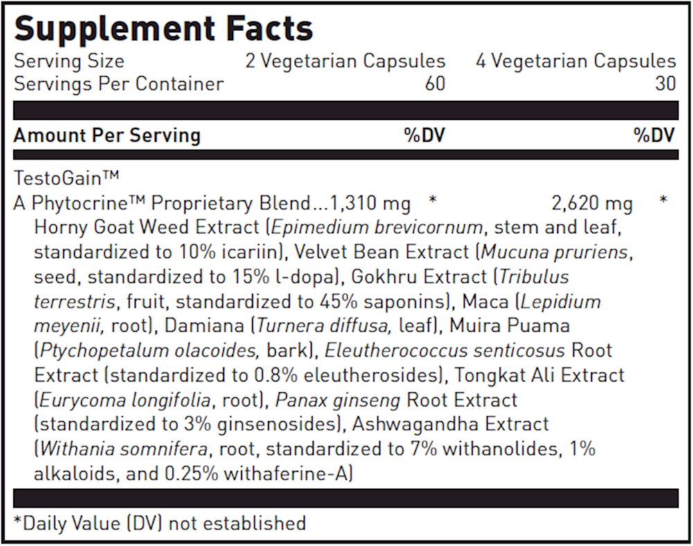 Testogain Rev Supplement Facts Label