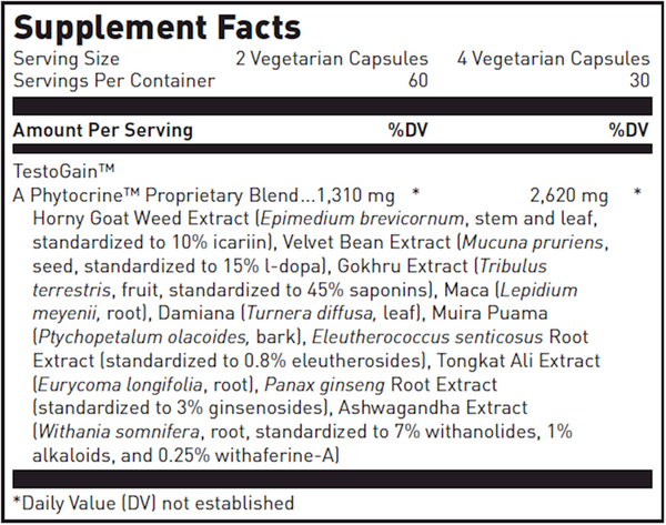Testogain Rev Supplement Facts Label