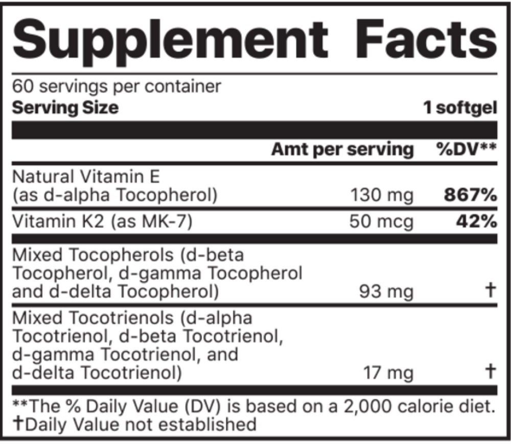 Vitamin K2 + E Complex Supplement Facts Label