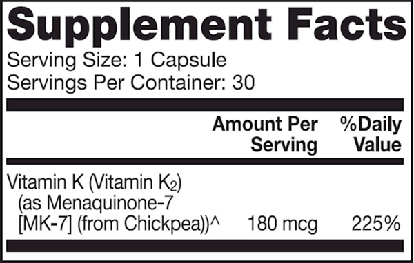 Vitamin K-2 90 Count Supplement Facts Label