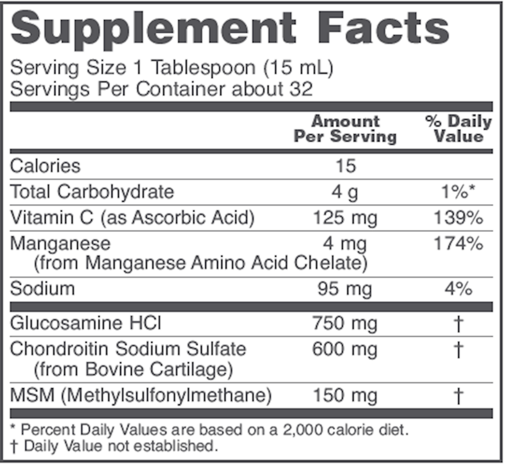 Liquid Glucosamine & Chondroitin with MSM Supplement Facts Label