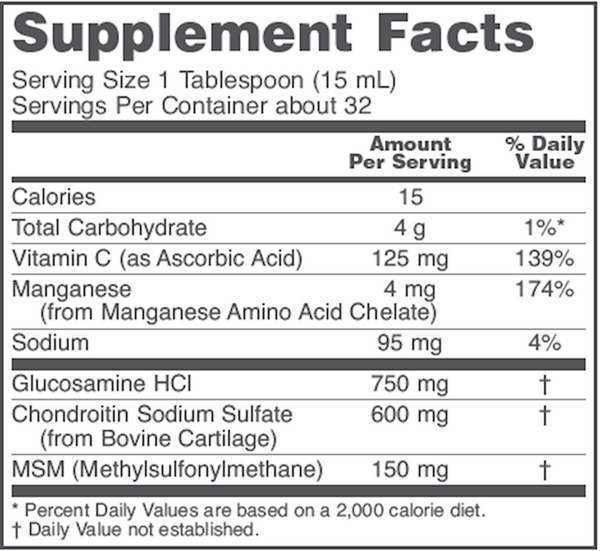 Liquid Glucosamine & Chondroitin with MSM Supplement Facts Label