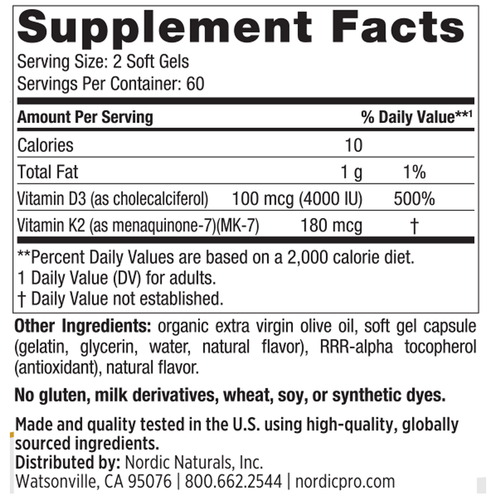 Vitamin D3+K2 Orange Supplement Facts Label