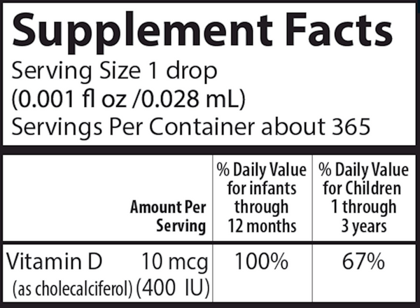 Super Daily D3 Baby Supplement Facts Label