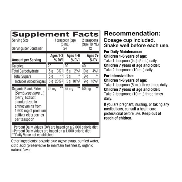Organic Sambucus Syrup for Kids Supplement Facts Label