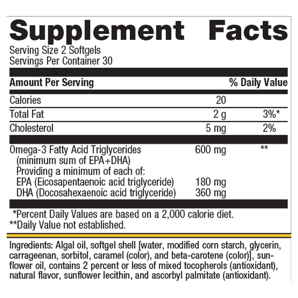 OmegaGenics EPA-DHA 300 Algae Supplement Facts Label