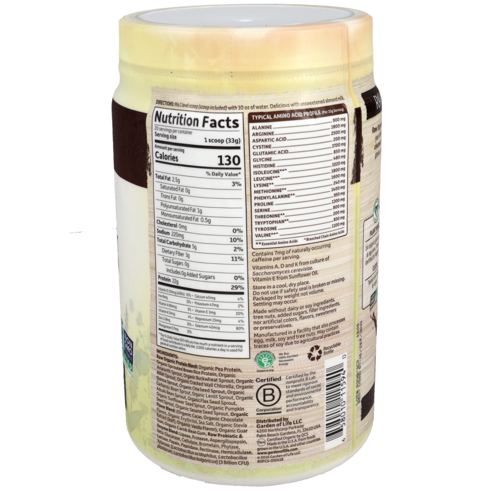 RAW Organic Protein Chocolate Supplement Facts Label