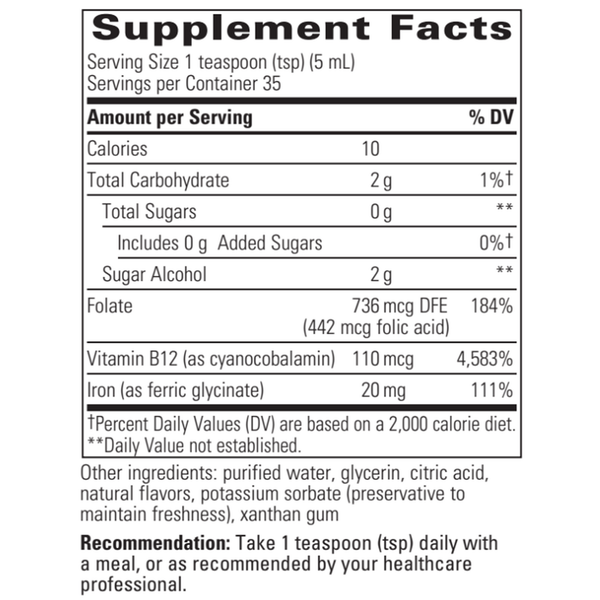 Liquid Iron 6oz Apple Cinnamon Supplement Facts Label
