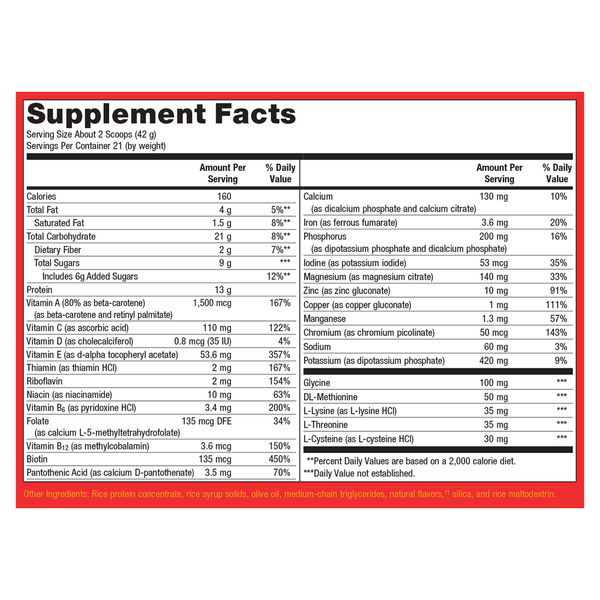 UltraClear/RICE Vanilla Supplement Facts Label