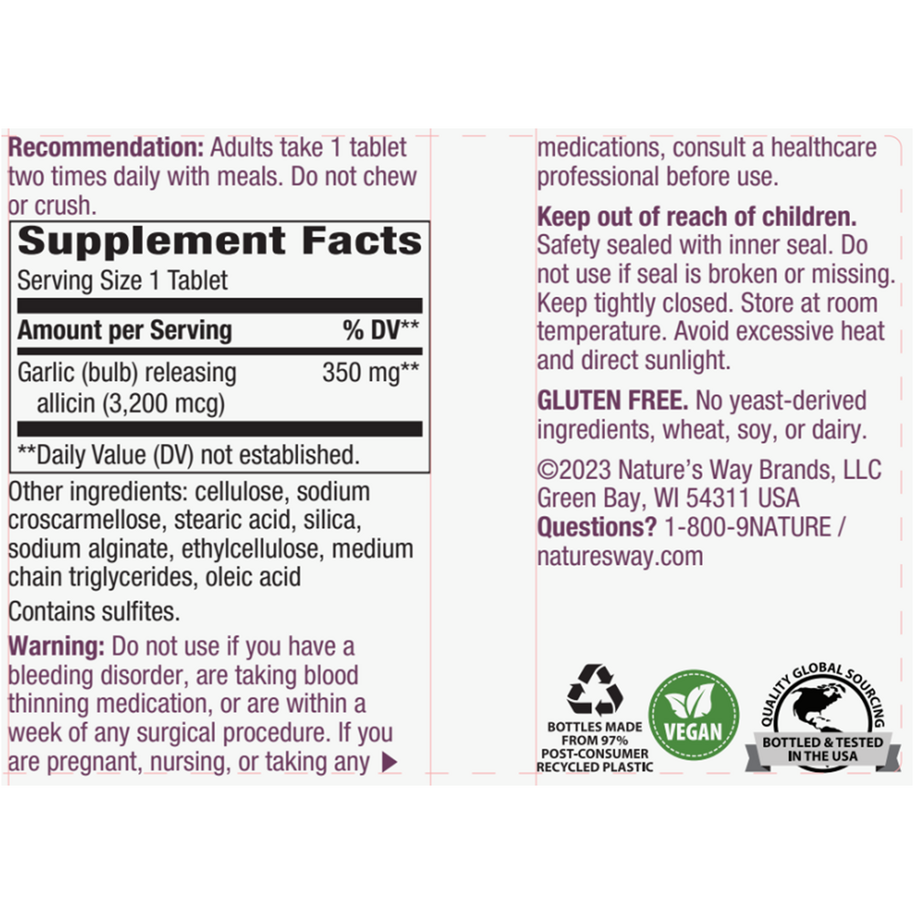 Garlicin® Cardio tabs Supplement Facts Label