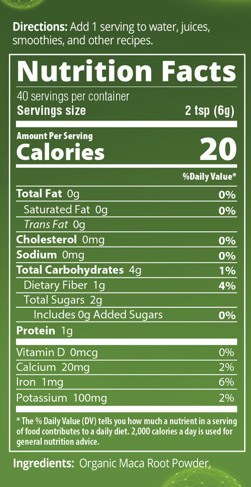 Raw Organic Maca Root Powder Supplement Facts Label