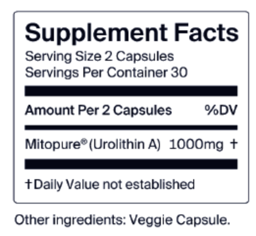 Cellular Longevity PRO Mitopure (Urolithin A) Supplement Facts Label