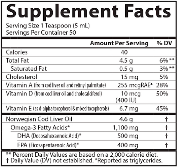 Cod Liver Oil Regular Flavor Supplement Facts Label