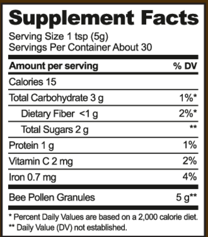 Bee Pollen Supplement Facts Label