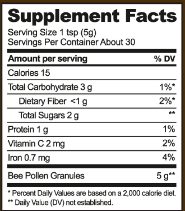Bee Pollen Supplement Facts Label
