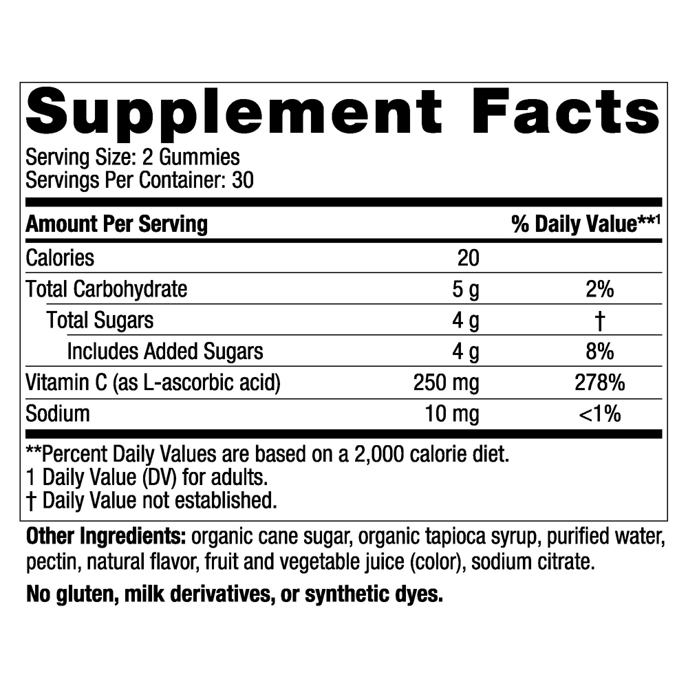 Vitamin C Gummies Tart Tangerine Supplement Facts Label