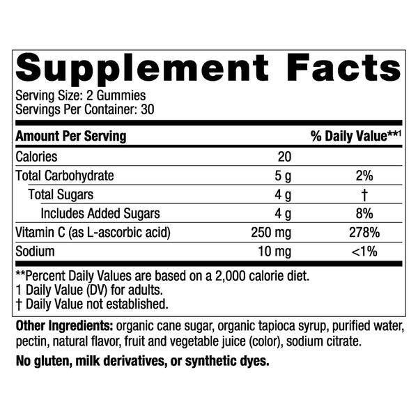 Vitamin C Gummies Tart Tangerine Supplement Facts Label