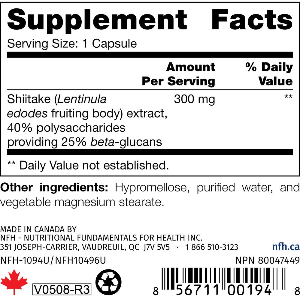 Shiitake SAP Supplement Facts Label