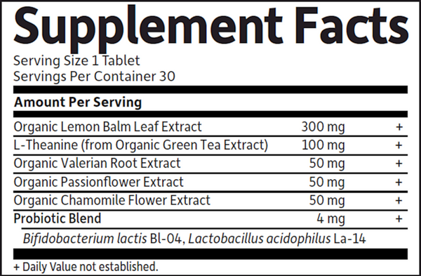 Organics Sleep Well Rest & Refresh Supplement Facts Label