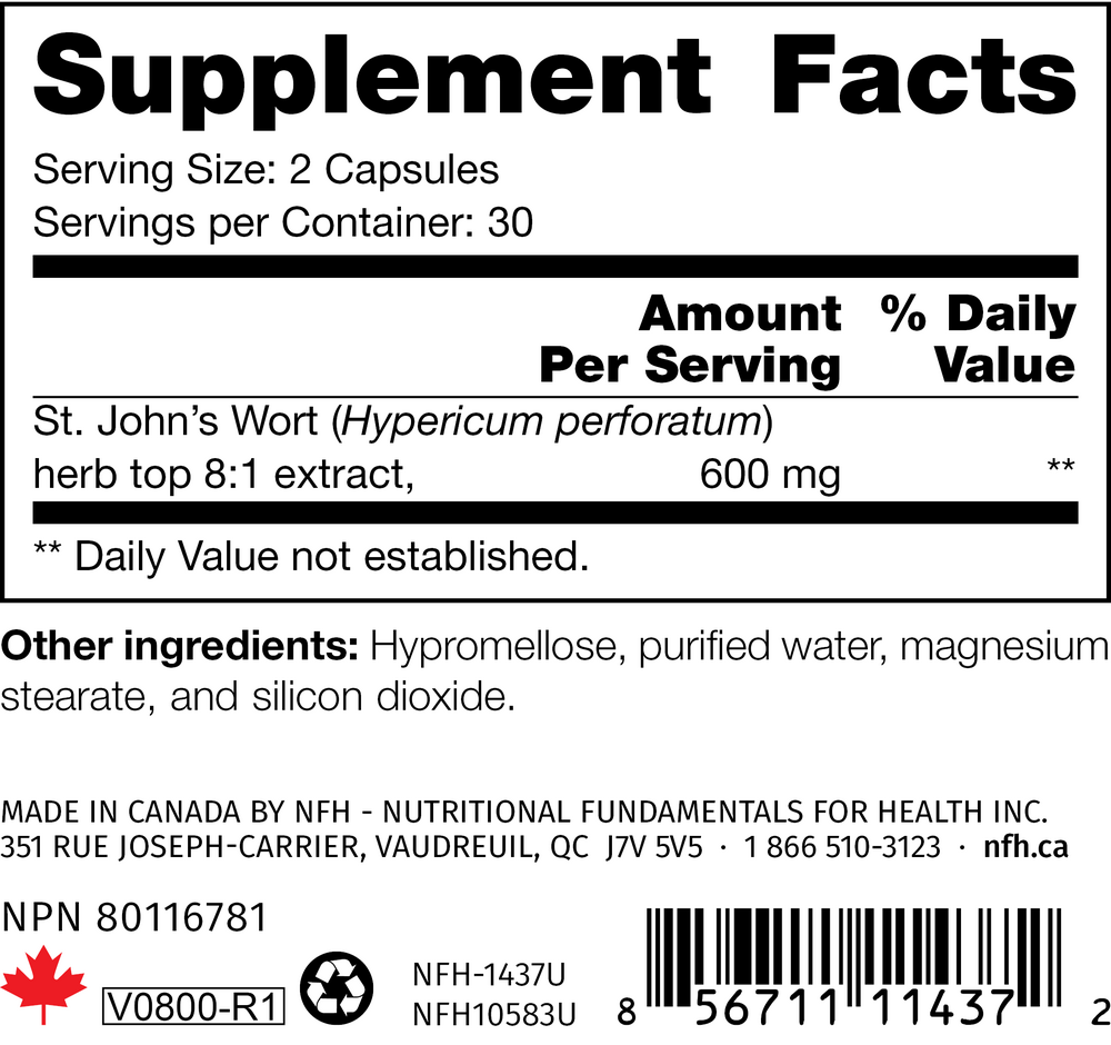 St. John's Wort SAP Supplement Facts Label