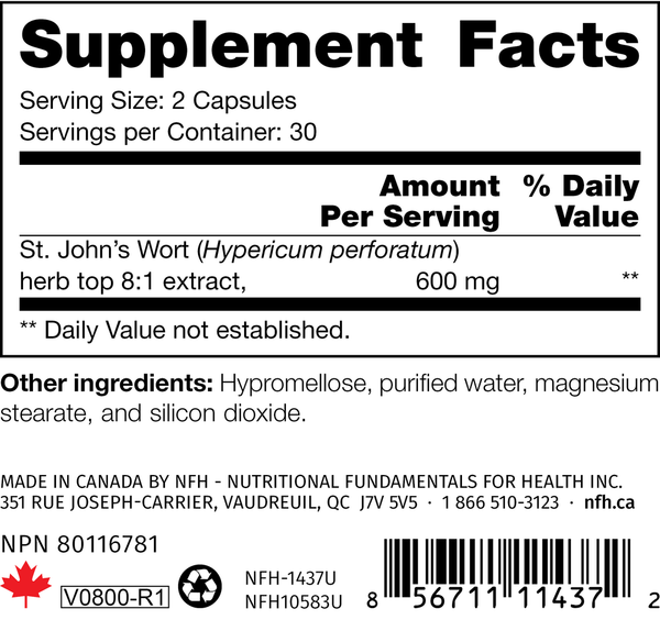 St. John's Wort SAP Supplement Facts Label