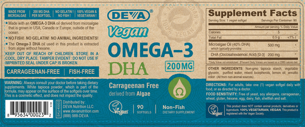 Vegan Omega-3 DHA 200 mg Supplement Facts Label