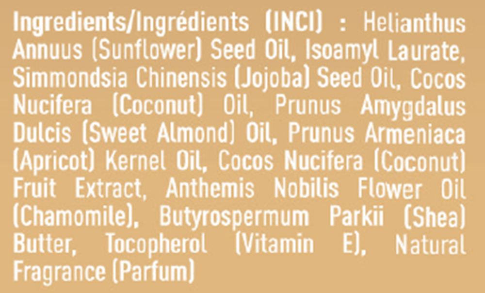 Jojoba Coconut Chamomile Body Oil Spray Supplement Facts Label