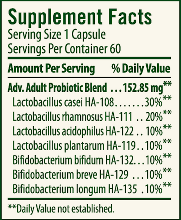 Advanced Adult's Blend Probiotic Supplement Facts Label