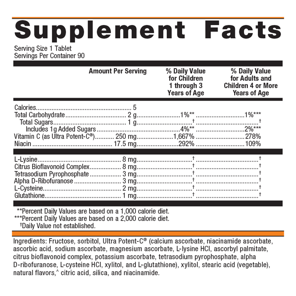 Ultra Potent-C Orange Chewable Supplement Facts Label