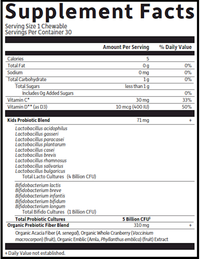 Organic Kids Probiotics Cooler Strawberry Banana Supplement Facts Label
