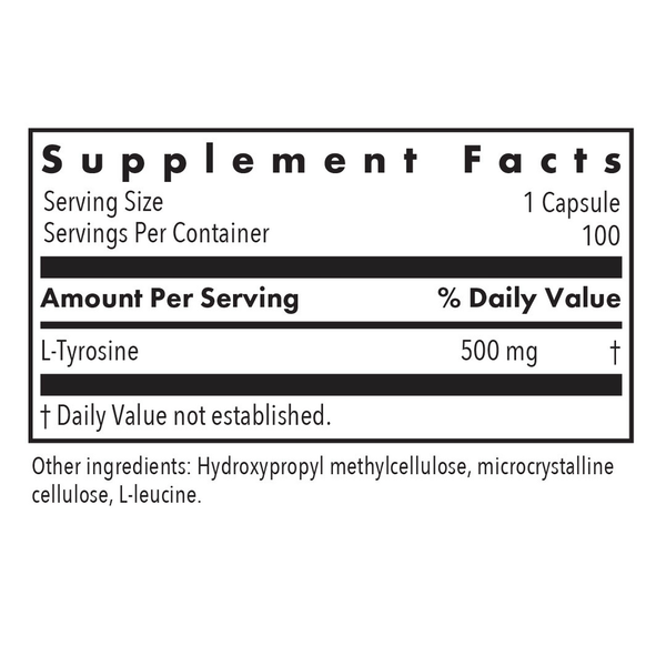 L-Tyrosine 500 Mg Supplement Facts Label