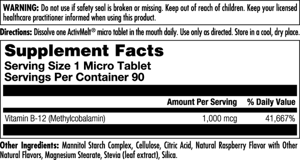 B12 Methylcobalamin 1000 mcg Raspberry Supplement Facts Label