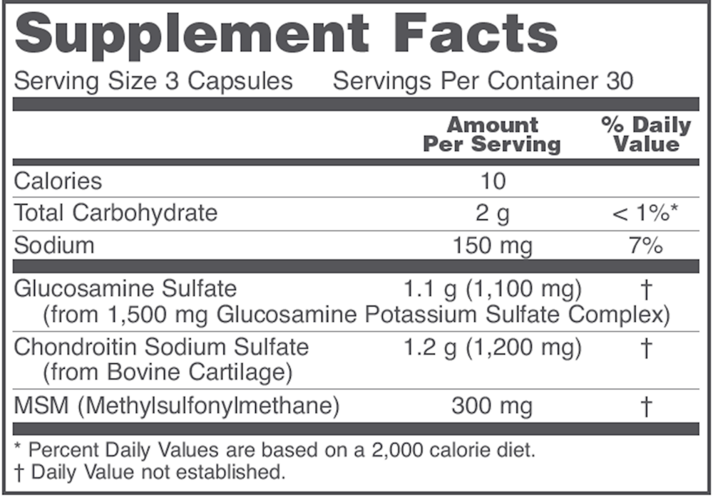 Glucosamine & Chondroitin w/ MSM 180 Count Supplement Facts Label