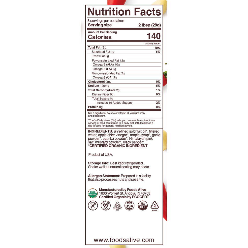 Garlic Paprika Superfood Dressing Supplement Facts Label