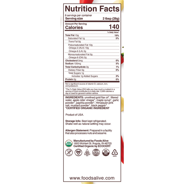 Garlic Paprika Superfood Dressing Supplement Facts Label