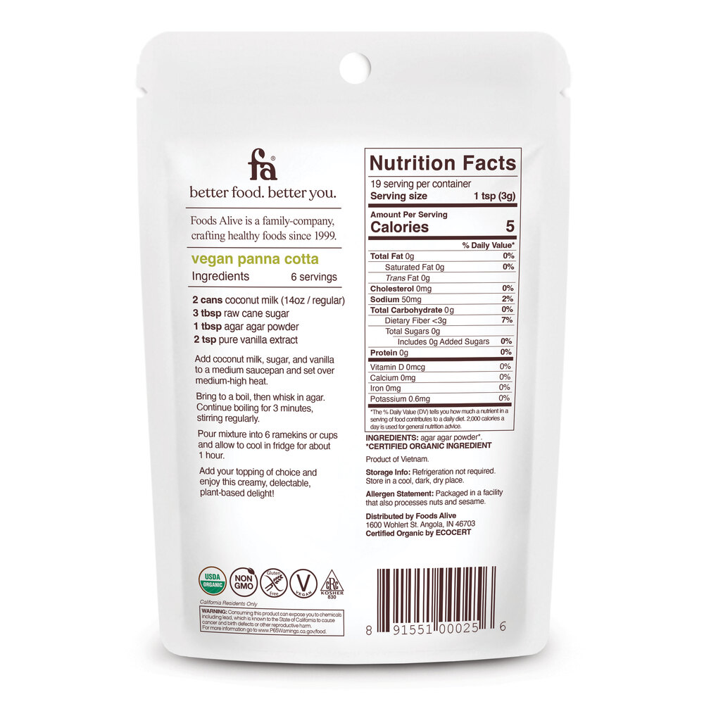 Agar Powder Organic Supplement Facts Label