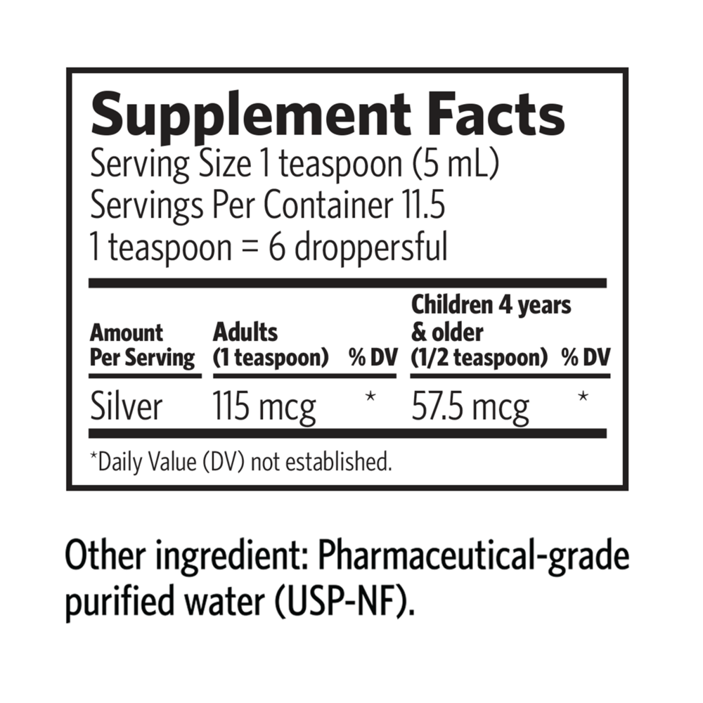 Bio-Active Silver Hydrosol Dropper Supplement Facts Label