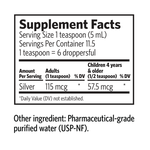 Bio-Active Silver Hydrosol Dropper Supplement Facts Label