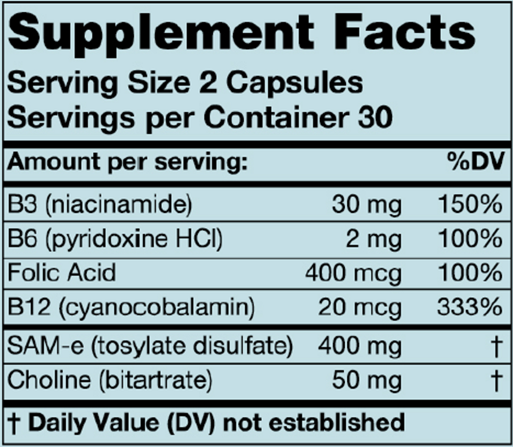 SAM-e Plus Supplement Facts Label