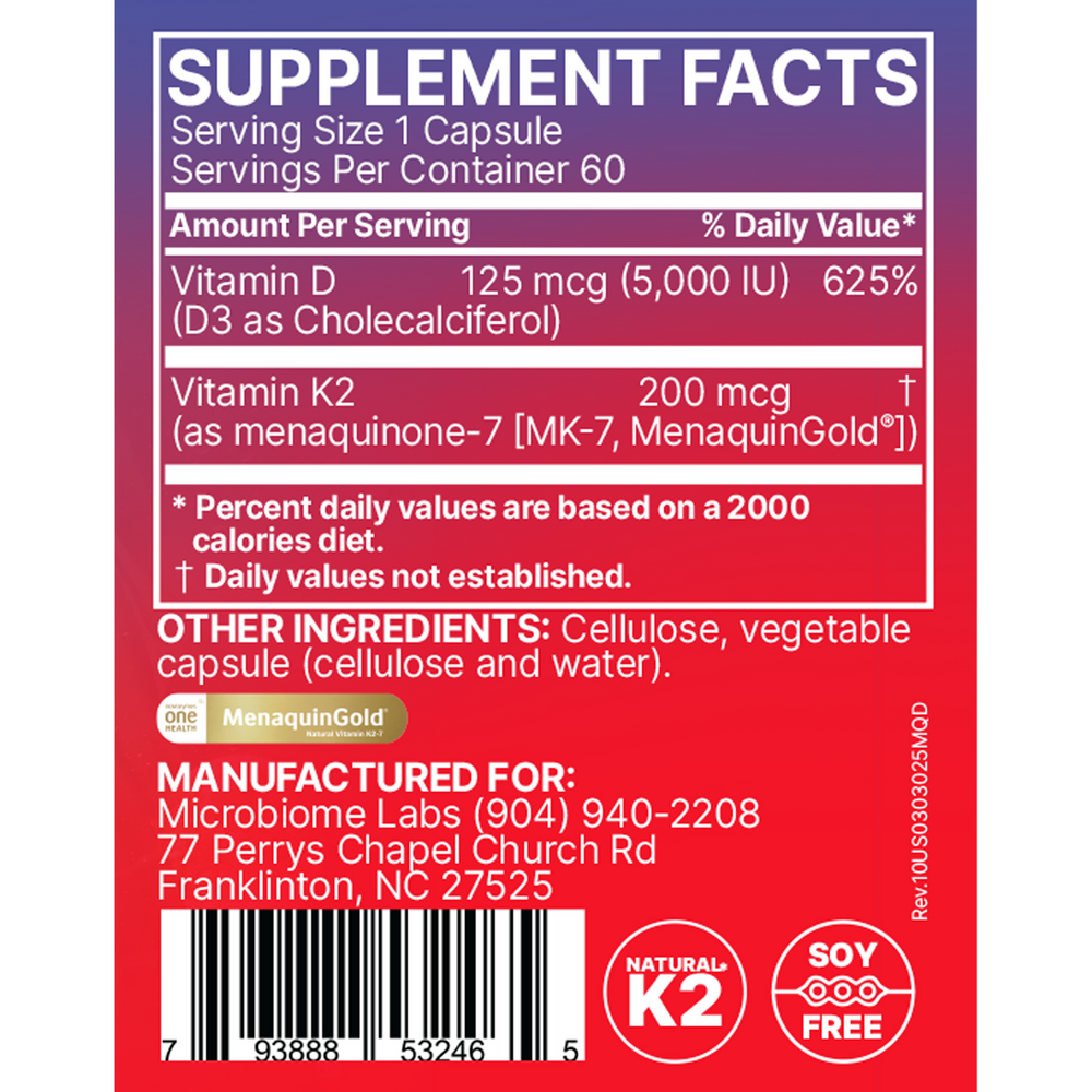 MegaQuinD3 - High Potency K2/D3 Formula Supplement Facts Label