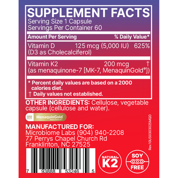 MegaQuinD3 - High Potency K2/D3 Formula Supplement Facts Label